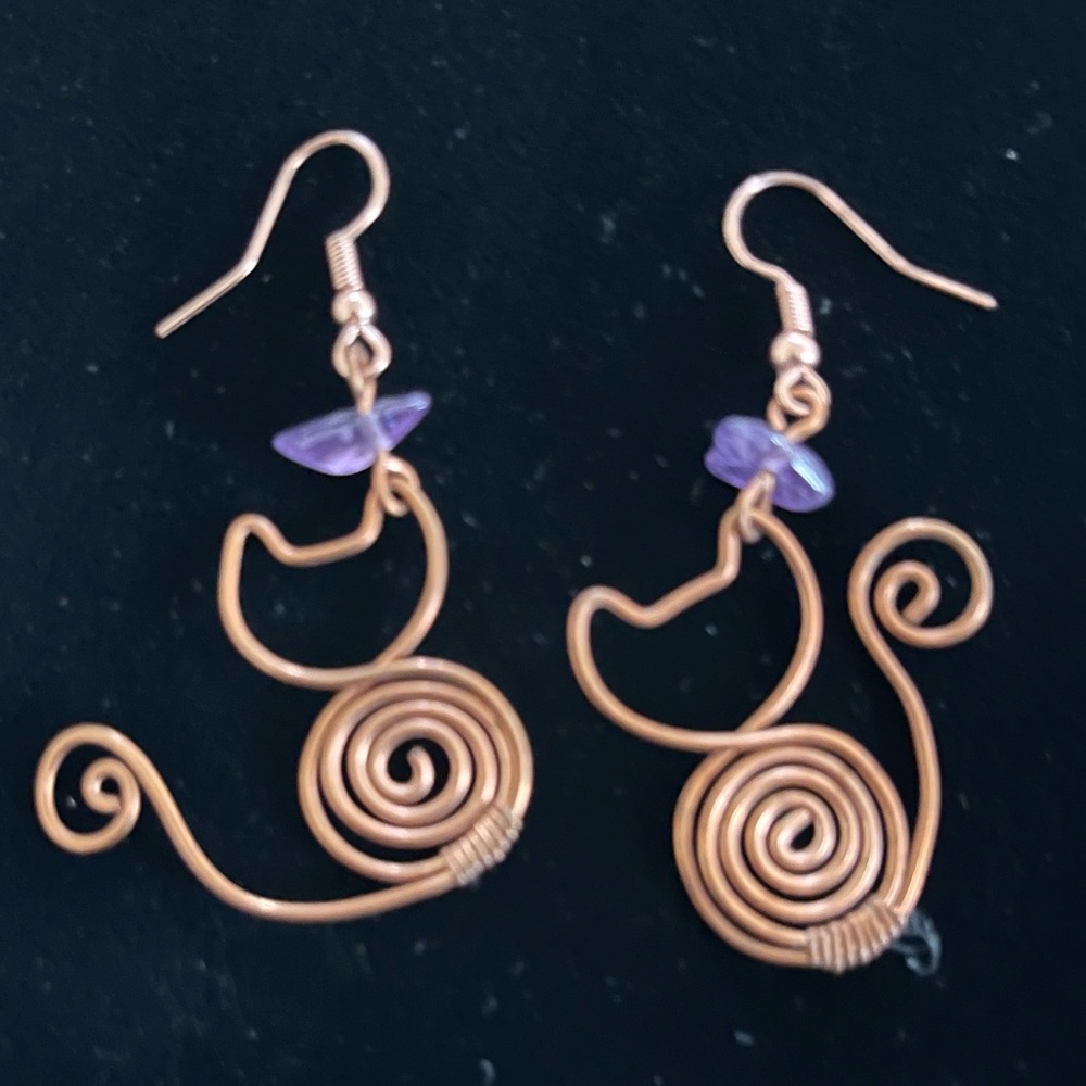 Fun Handmade Copper Cat Earrings with a Purple Stone